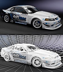 The top image shows a custom 3D modeled SN95 Ford Mustang built to compete in the VDC. The lower image shows a image of the car in wireframe mode, exposing the 3D Models topology.