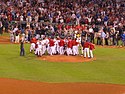 The Red Sox celebrate their clinching of the 2003 AL Wild Card with a victory over the Baltimore Orioles.