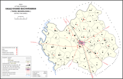 Map showing Sheikhpur Samodha (#849) in Bachhrawan CD block