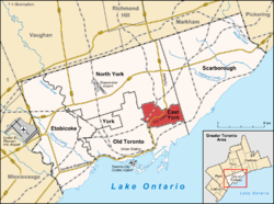 Location of East York (red) compared to the rest of Toronto.