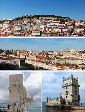 Clockwise from top: São Jorge Castle; Lisbon Baixa; Belém Tower; Padrão dos Descobrimentos