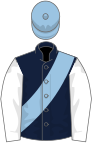 Dark blue, light blue sash, white sleeves, light blue cap