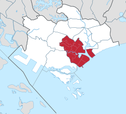 The Central Area (in red) of Singapore today, mostly corresponds with the former city from 1965.