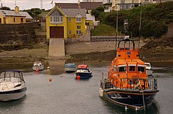 Ballycotton lifeboat station dates from 2002. The Trent class boat Austin Lidbury is at its moorings in the harbour