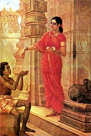 Mandodari giving alms in a temple