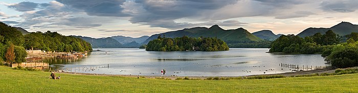 A panoramic view of Derwent Water, one of the principal bodies of water in the Lake District National Park, as seen from the northern shore of Keswick.
