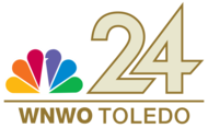 The NBC peacock next to a gold 24 in a geometric sans serif. Beneath is a horizontal line and the words W N W O Toledo in a sans serif, the former slightly bolder.