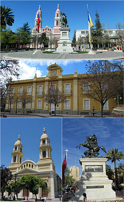 Buildings surrounding Los Héroes Square, Rancagua. Top: Southern view of the plaza, Middle: Cachapoal Province Governorate, Bottom left. Sagrario Cathedral, Bottom right: Bernardo O'Higgins monument.