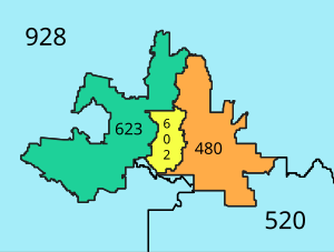 Inset of the preceding map, but showing 480, 602, and 623 as separate area codes