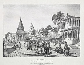 A lithograph by James Prinsep of a Brahmin placing a garland on the holiest location in the city