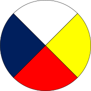 This is an example of a medicine wheel design that is being used by some Cree communities as a pedagogical tool. This version replaces the black quadrant with blue, as according to Elder Francis Whiskeyjack, Cree culture does not use dark colours as black.