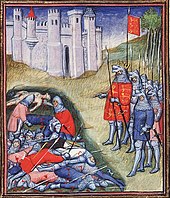 A colourful late-Medieval depiction of Edward III counting the dead after the battle