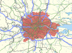 Map of the London area, with the metropolitan area as defined by the London Travel to Work Area highlighted in red.