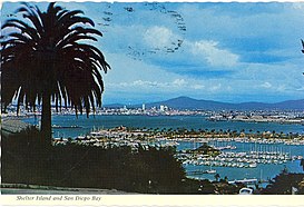 A postcard image of San Diego in the late 1960s or early 1970s