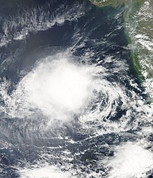 A satellite image of a disorganized Depression ARB 03 (03A) over the Arabian Sea, off the Indian coast on 9 October
