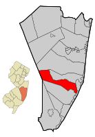 Location of Barnegat Township in Ocean County highlighted in red (right). Inset map: Location of Ocean County in New Jersey highlighted in orange (left).