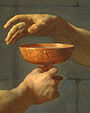 Detail of an 18th century painting, showing Socrates's hand as he accepts a cup of poison from another person's hand