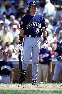 A man in a navy blue baseball jersey with "Brewers" on the chest and gray pants standing at home plate holding a baseball bat
