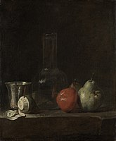 Jean-Baptiste-Siméon Chardin, Still Life with Glass Flask and Fruit (c. 1750)