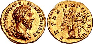 Coin of Marcus Aurelius. Victoria appears on the reverse, commemorating Marcus's Parthian victory.