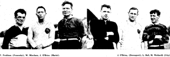The captains and referees (Tim Peckham, Jim O'Brien (Marist), Jim O'Brien (Devonport), Maurice Wetherill, and referees William Mincham and Les Bull)