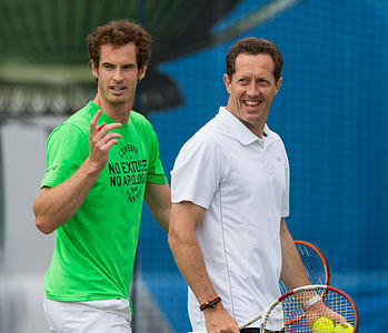 Andy Murray and Jonas Björkman during practice at the Queens Club Aegon Championships in London, England.