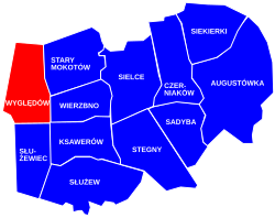 Location of the City Information System area of Wyględów within the city district of Mokotów