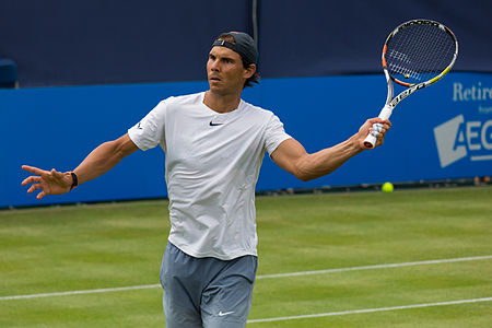 Rafael Nadal during practice at the Queens Club Aegon Championships in London, England.