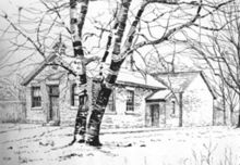 drawing of small one-storey building and trees