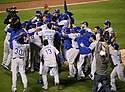 The Royals celebrate at Citi Field in Queens, New York City, New York after winning the 2015 World Series, in which they defeated the New York Mets four games to one.