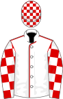 White, red seams, red and white check sleeves and cap