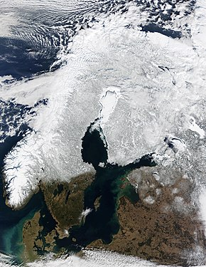 Satellite image of Fennoscandia with sea ice covering the Bothnian Bay (white region in center)