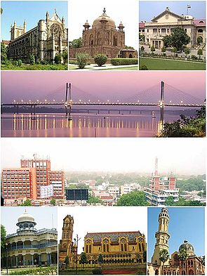 Clockwise from top left: All Saints Cathedral, Khusro Bagh, the Allahabad High Court, the New Yamuna Bridge near Sangam, the skyline of Civil Lines, the University of Allahabad, Thornhill Mayne Memorial at Chandrashekhar Azad Park and Anand Bhavan