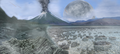 Image 8Artist's impression of Earth during the later Archean, the largely cooled planetary crust and water-rich barren surface, marked by volcanoes and continents, features already round microbialites. The Moon, still orbiting Earth much closer than today and still dominating Earth's sky, produced strong tides. (from History of Earth)
