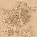 Map of Havana, 1850. In red are framed land currently occupied the Capitol, then belonging to the railway station of Villanueva. It can see in his face E the city walls demolished in 1863.