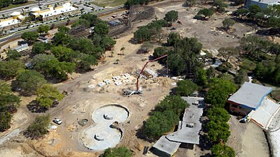 Aerial photo during construction, March 2011. The dual carousel pond for AQUAZONE is completed in the foreground, while Coastersaurus awaits refurbishment in the background.