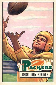Steiner's Bowman trading card showing a stylized photo of him catching a football in uniform