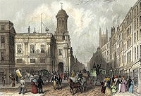 A drawing of Cornhill in the 1830s. The Royal Exchange is on the left.
