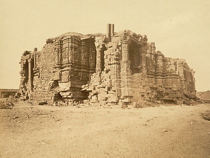 The Somnath temple in Gujarat was repeatedly destroyed and rebuilt. Here it is shown in 1869, after having been ruined by order of Aurangzeb in 1665. These ruins were demolished and the temple rebuilt in the 1950s.