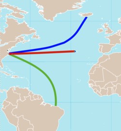 Approximate routes of the Geysir: From the U.S. East Coast to Iceland, Azores, and Brazil.
