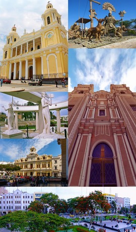 Clockwise from top left: Chiclayo Cathedral, also known as Santa María Catedral; statues of the Paseo Yortuque; Walk of the Muses; Basilica of San Antonio de Padua; and Main Park