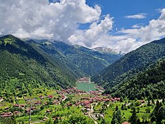 Black Sea Region: Uzungöl in Trabzon. Lush forests are found around the Pontic Mountains thanks to the high amounts of precipitation on the northern side of the mountain range.[334]