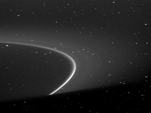 Saturn's shadow truncates the backlit G Ring and its bright inner arc. A video showing the arc's orbital motion may be viewed on YouTube[176] or the Cassini Imaging Team website.[177]