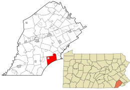 Location of Kennett Township in Chester County, Pennsylvania (left) and of Chester County in Pennsylvania (right)