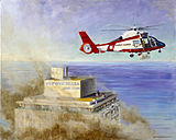 Painting of helicopter rescue efforts at the Dupont Plaza Hotel fire
