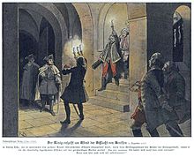 Frederick's arrival at the castle of Lissa, where he is greeted by Austrian officers
