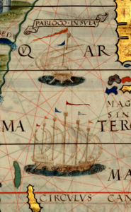 "Cropped portion of China Sea, showing six and three-masted jong. It is probably referencing to large Majapahit jong of the 14–15th centuries or the single Pati Unus junk of 1512–1513. The lack of crescent moon symbol indicated that these jongs must be hailed from the non-muslim area in Java, probably owned by the kingdom of Majapahit or Sunda."