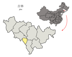 Liaoyuan City (yellow) in Jilin (light grey) and China