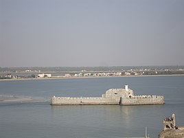 View of Water Fort Prison from Diu Fort with watchtower of Diu Fort