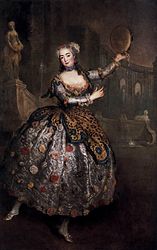 Portrait of the dancer Barbara Campanini aka "La Barbarina" (c. 1745) employs principles of contrast and complement in pose and setting. This hung originally behind Frederick's desk.[1]